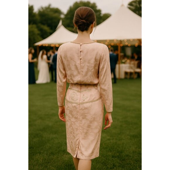 All Silk Vintage Dress by Spencer Jeremy 8 Pink Sequin Beaded Shoulder Pads 80s - Picture 4 of 16